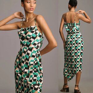 NEW By Anthropologie Sleeveless Draped-Back Asymmetrical Slip Midi Dress Green